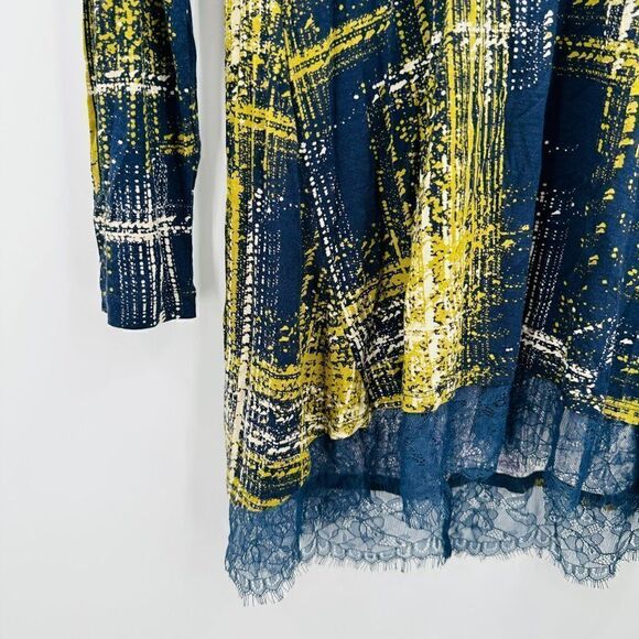 LOGO Lori Goldstein Size XS Navy Blue & Yellow Long Sleeve Lace Trim Tunic Top - Picture 5 of 9